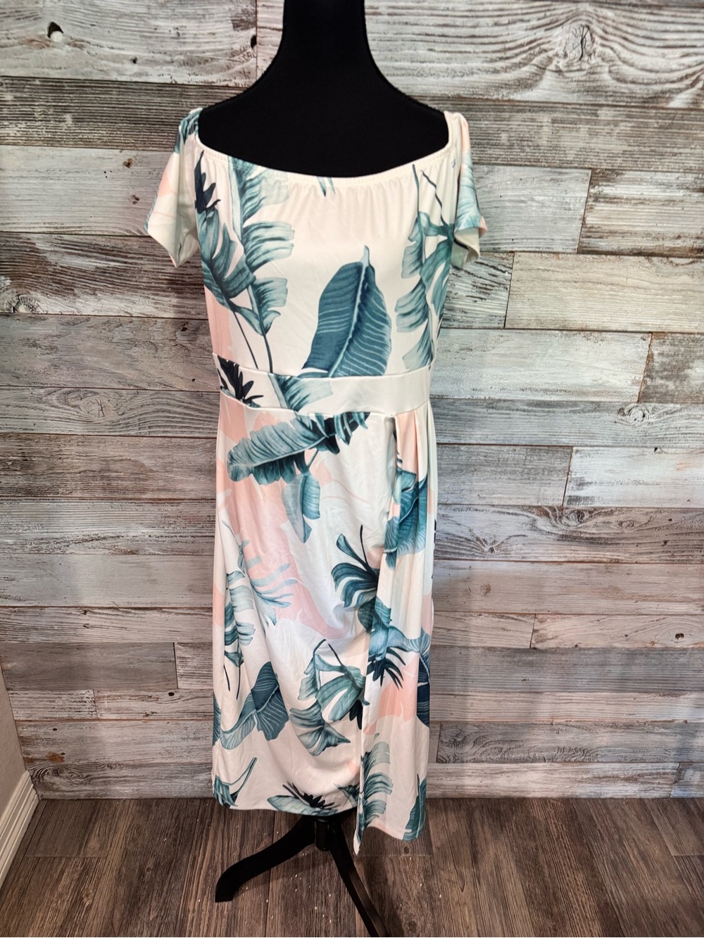 Tropical Print Midi Dress in Teal and Cream